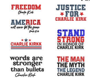 Può includere: Una collezione di ricami con temi patriottici e testo, tra cui frasi come "Libertà", "America" e "Giustizia per Charlie Kirk". I disegni sono in rosso, bianco e blu, con vari font e stili. L'immagine mostra anche il testo "Charlie Kirk EMB" e "9 Taglie 7.6cm a 17.8cm".
