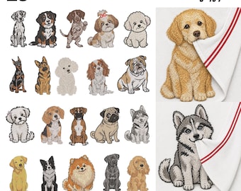 Può includere: Una collezione digitale di oltre 25 ricami di cani che sbirciano, in 9 dimensioni da 7,6 a 17,8 cm. Il set include varie razze come barboncini, bulldog e husky, con esempi di cuccioli dorati e husky che sbucano da dietro un asciugamano bianco.