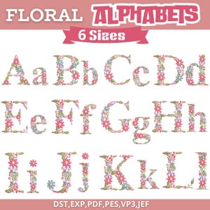 Diseños de bordado a máquina con alfabeto floral, alfabeto floral completo de la A a la Z, letras mayúsculas y minúsculas rosas bordadas, 6 tamaños, descarga instantánea