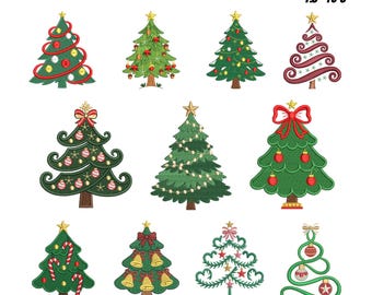Può includere: Una collezione di dodici disegni di alberi di Natale ricamati con vari ornamenti, fiocchi, stelle e bastoncini di zucchero. Il testo recita CHRISTMAS TREES 8 SIZES 1.5" TO 5" e i formati DST, EXP, PES, PDF, JEF, VP3.