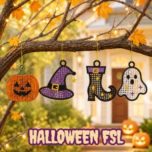 May include: Four hanging Halloween ornaments featuring a grid-like embroidered design. The set includes an orange pumpkin, a purple witch hat with a yellow buckle, a black boot with yellow stars, and a white ghost with small purple accents.