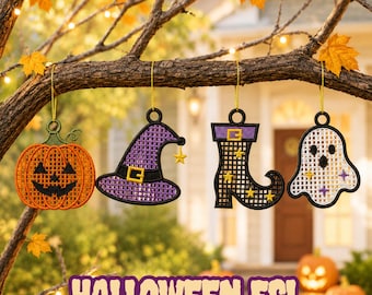 20 Halloween FSL-ornament, maskinbroderimönster, fristående spetspaket, pumpa, häxhatt, stövel, spöke, 9 storlekar, omedelbar nedladdning