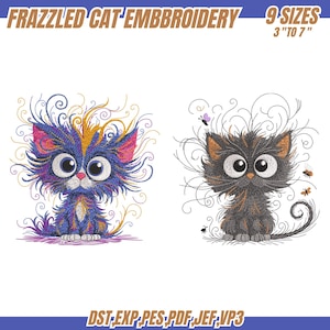 Frazzled Cat-borduurontwerp, grappige Crazy Cat-machineborduurbestand, schattige kat-borduurontwerp, dier borduurwerk, 9 maten