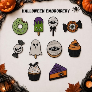 May include: A collection of ten embroidered Halloween patches featuring a green donut, a purple and green popsicle, a mummy lollipop, an eyeball candy, a skull candy, a ghost popsicle, a mummy face, a spider cupcake, a bat cupcake, and a spider cake slice.