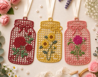5 broderimönster i Mason Jar-stil, fristående paket med blommiga spetsetiketter, prydnader i lantlig stil, 9 storlekar, direktnedladdning