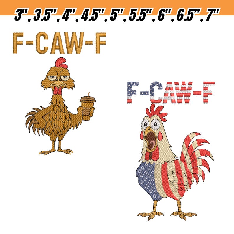 K&ouml;nnte beinhalten: Zwei gestickte Aufn&auml;her mit Cartoon-H&uuml;hnern. Ein braunes Huhn h&auml;lt eine Kaffeetasse, dar&uuml;ber steht der Text "F-CAW-F". Das andere Huhn ist rot, wei&szlig; und blau, mit dem gleichen Text dar&uuml;ber. Gr&ouml;&szlig;en von 7.6 cm bis 17.8 cm.