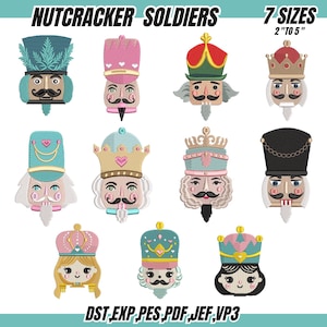 Puede incluir: Diseños bordados de soldados cascanueces en varios colores, incluyendo azul, rosa y dorado. Se muestra el texto "NUTCRACKER SOLDIERS" y "7 SIZES 2" TO 5"". Los diseños están disponibles en formatos DST, EXP, PES, PDF, JEF y VP3.