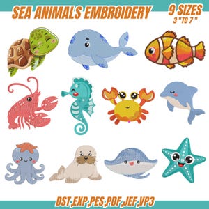 Puede incluir: Diseños bordados de animales marinos, incluyendo una tortuga, ballena, pez payaso, langosta, caballito de mar, cangrejo, delfín, pulpo, foca, raya y estrella de mar. El texto "SEA ANIMALS EMBROIDERY" y "9 SIZES 3" TO 7"" se muestran en la parte superior.