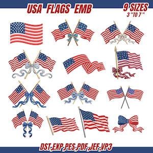 Pode incluir: Vários designs bordados da bandeira americana, incluindo bandeiras cruzadas e onduladas, com laços. O texto "USA FLAGS EMB" e "9 SIZES 3" TO 7"" são exibidos. Os formatos de arquivo estão listados na parte inferior.