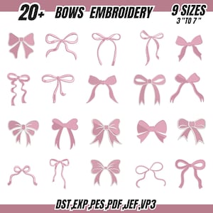 May include: A collection of pink bow embroidery designs in various styles. The image includes the text "20+ BOWS EMBROIDERY 9 SIZES 3" TO 7"" and file type information. The bows are in different shapes and sizes, with a light pink color and white outlines.