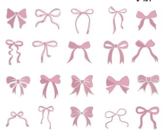 Può includere: Una collezione di ricami di fiocchi rosa. L'immagine include il testo "20+ BOWS EMBROIDERY 9 SIZES 3" TO 7"" e informazioni sui tipi di file. I fiocchi, di varie forme e dimensioni, sono rosa chiaro con contorni bianchi.