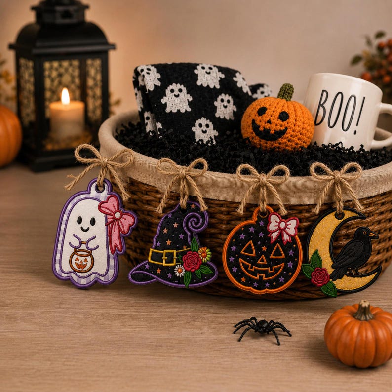 May include: A brown woven basket filled with black paper shreds, a black and white ghost-patterned fabric, a crocheted orange pumpkin, and a white mug with the text BOO!. Four hanging ornaments feature a ghost, witch hat, pumpkin, and crow.