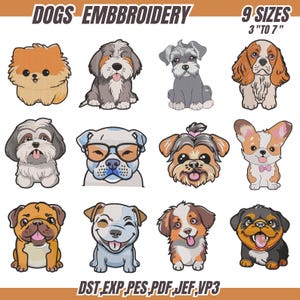 12 Dogs Embroidery Designs, Animal Embroidery Files, Dog Machine Embroidery Files, Baby Dogs Embroidery, Cartoon Dog Embroidery, 9 Sizes