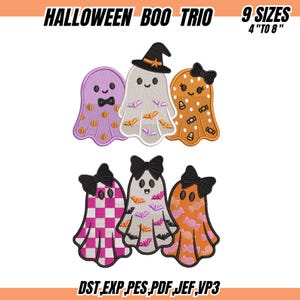 Pode incluir: Um conjunto de designs de bordado intitulado HALLOWEEN BOO TRIO com seis personagens fantasmas em duas filas. Os fantasmas têm padrões de abóboras, morcegos, doces, xadrez e laços. O texto inclui 9 SIZES 4 TO 8 INCHES e formatos DST, EXP, PES, PDF, JEF, VP3.