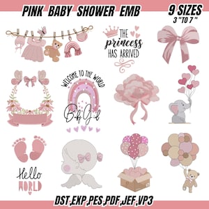 May include: A selection of pink baby shower embroidery designs. Features a dress, teddy bear, rainbow, bow, crown, hearts, elephant with balloons, baby feet, angel, and the phrases "The princess has arrived", "Welcome to the world", and "Hello World".