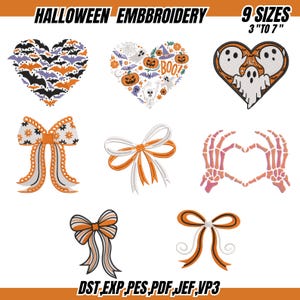 Puede incluir: Diseños de bordado de Halloween con murciélagos, calabazas, fantasmas y lazos. Los diseños tienen forma de corazones y lazos. El texto "HALLOWEEN EMBBROIDERY" y "9 SIZES 3" TO 7"" está en la parte superior. Los tipos de archivo se enumeran en la parte inferior.