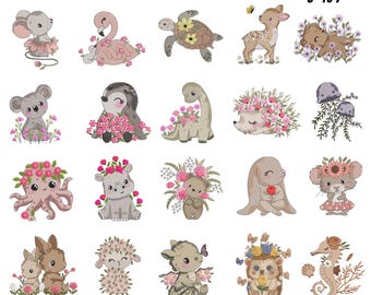 Paquete de diseños de bordado de animales florales, bordado a máquina para habitación infantil (descarga digital)