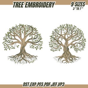 Peut inclure: Deux motifs de broderie d'arbres avec des branches et des feuilles détaillées, en marron et vert. Le texte en haut indique "TREE EMBROIDERY" et "9 SIZES 3" TO 7". Le texte en bas indique les formats de fichiers: DST, EXP, PES, PDF, JEF, VP3.