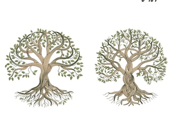 Può includere: Due disegni di ricamo di alberi con rami e foglie dettagliati, nei toni del marrone e del verde. Il testo in alto recita "TREE EMBROIDERY" e "9 SIZES 3" TO 7". Il testo in basso indica i formati di file: DST, EXP, PES, PDF, JEF, VP3.