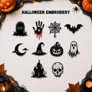 May include: A collection of ten Halloween-themed embroidered patches featuring a tombstone with RIP, a bloody handprint, a spider web, a bat, a crescent moon, a witch hat, a jack-o'-lantern, a ghost, a haunted house, and a skull on a white background.