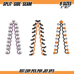 May include: Three split side seam embroidery designs in 9 sizes from 3" to 7". The first features purple spirals with white skulls, the second orange spirals with black bats, and the third black spirals with white ghosts and orange pumpkins.