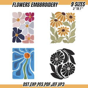 May include: Image of floral embroidery designs. The designs feature stylized flowers in rectangular and circular arrangements, with a colour palette of blues, pinks, and yellows. Text indicates 9 sizes available, ranging from 7.6 to 17.8 cm.
