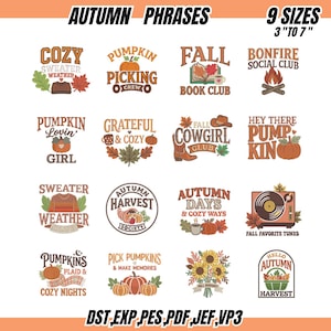 Könnte beinhalten: Eine digitale Sammlung von sechzehn herbstlichen Stickmustern mit Schriftzügen wie Cozy Sweater Weather, Pumpkin Picking Crew und Fall Book Club. Die Grafiken zeigen Kürbisse, Blätter, Sonnenblumen und Plattenspieler in Größen von 7,62 bis 17,78 cm.