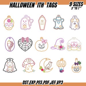 May include: A collection of fourteen Halloween-themed embroidery designs featuring a skull, ghost, coffin, dog, skeleton hand, spider web, pumpkin, witch hat, candy corn, cat, mushroom, raven, and jack-o'-lantern. Text reads HALLOWEEN ITH TAGS.