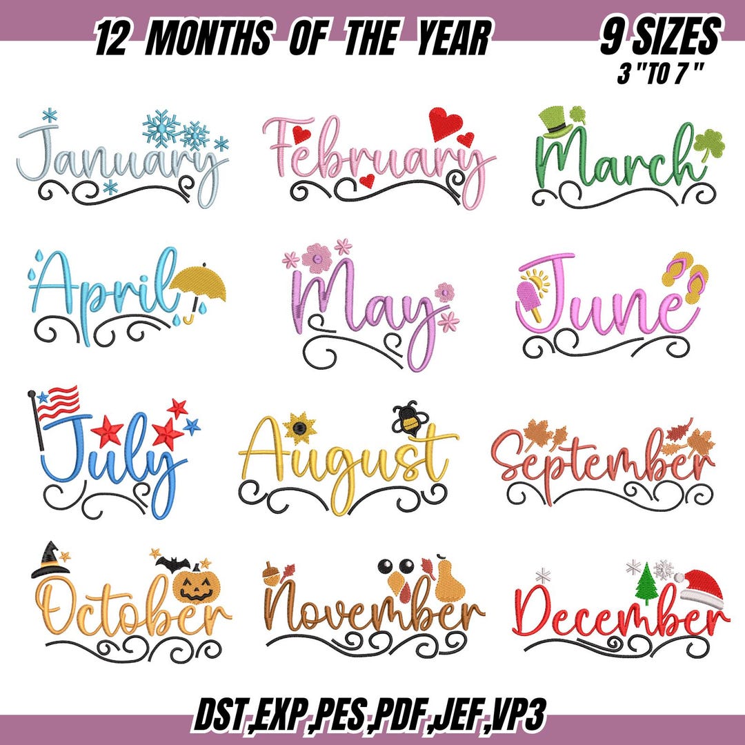 12 Months Embroidery Design Bundle: Yearly Machine Embroidery (digital ...