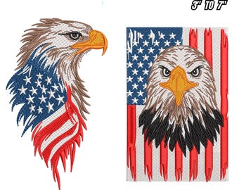 Puede incluir: Diseños de bordado con un águila americana y la bandera de los Estados Unidos. Los diseños incluyen el texto "AMERICAN EAGLE EMBROIDERY 9 SIZES 3" TO 7" y "DST EXP PES PDF JEF,VP3". El águila está representada en marrón, blanco, azul, rojo y amarillo.