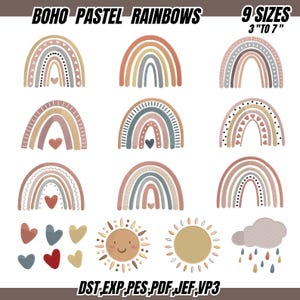 May include: An image featuring various embroidered designs of rainbows, hearts, suns, and a cloud with raindrops in pastel colors. The text "BOHO PASTEL RAINBOWS" and "9 SIZES 3" TO 7"" are displayed at the top. The bottom of the image displays file types.