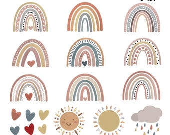 Può includere: Immagine con ricami di arcobaleni, cuori, soli e una nuvola con gocce di pioggia in colori pastello. Il testo "BOHO PASTEL RAINBOWS" e "9 SIZES 3" TO 7"" sono visualizzati in alto. I tipi di file sono visualizzati in basso.