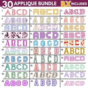 May include: A graphic featuring 30 applique letter designs, each with a unique pattern and color scheme. The letters A, B, C, and D are displayed in various styles, including floral, geometric, and striped patterns. The text "30 APPLIQUE BUNDLE BX INCLUDED" is at the top.