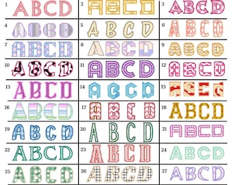 Può includere: Un'immagine con 30 design di lettere applicate, ognuno con un motivo e una combinazione di colori unici. Le lettere A, B, C e D sono visualizzate in vari stili, inclusi motivi floreali, geometrici e a righe. Il testo "30 APPLIQUE BUNDLE BX INCLUDED" è in alto.