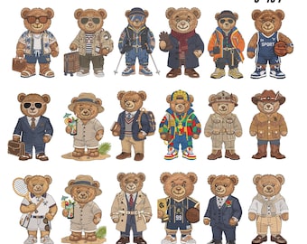 Può includere: Illustrazione di 20 orsetti di peluche con vari outfit, da casual a formale. Gli orsetti sono disponibili in 9 misure, da 7,6 cm a 17,8 cm. Il testo include "20 TEDDY BEARS EMB" e "9 SIZES 3" TO 7"".