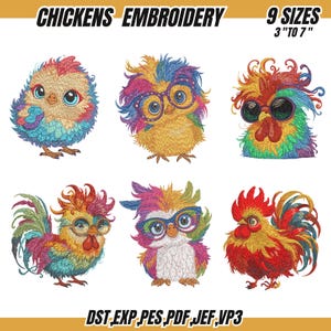 6 Funny Crazy Chicken Embroidery Design Bundle, Chicken Machine Embroidery File, Cute Chicken Machine Embroidery, Instant Download, 9 Sizes