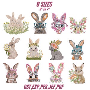 Diseño de bordado a máquina de conejito floral, 12 lindos bordados de conejito, conejito floral, bordado de conejo de primavera, bordado de animales, diseño de Pascua