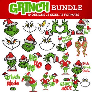 Puede incluir: Una colección de diseños temáticos del Grinch en verde, rojo y blanco. La imagen incluye varias caras, manos y frases del Grinch como "Grinch Mode" y "Ho Ho Ho". El texto "GRINCH BUNDLE" está en la parte superior.