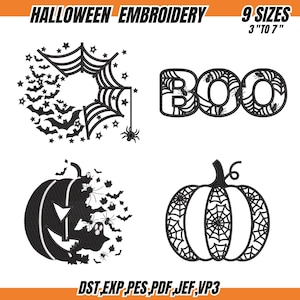 May include: Black and white Halloween embroidery designs. Includes a spider web with bats, the word "BOO" with spiderwebs, a jack-o'-lantern with bats and spiders, and a pumpkin with a spiderweb design. Available in 9 sizes, from 3 to 7 inches.