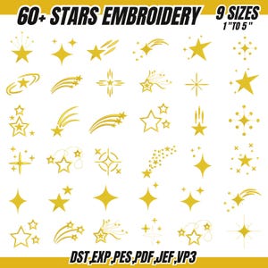 May include: A selection of gold star embroidery designs, featuring different star shapes and patterns. The image includes the text "60+ STARS EMBROIDERY 9 SIZES 1" TO 5"" and "DST, EXP, PES, PDF, JEF, VP3". The sizes range from 2.5 cm to 12.7 cm.