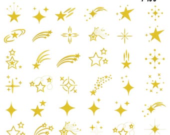 Può includere: Una collezione di ricami di stelle dorate in vari stili, tra cui stelle cadenti e scoppi di stelle. Il testo recita "60+ STARS EMBROIDERY 9 SIZES 1" TO 5"" e "DST, EXP, PES, PDF, JEF, VP3".