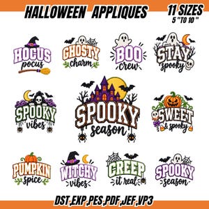 Könnte beinhalten: Eine Sammlung von elf Halloween-Stickapplikationen mit Text und Grafiken wie Geistern, Kürbissen, Totenköpfen, Fledermäusen und Spukhäusern. Der Text lautet HALLOWEEN APPLIQUES, 11 SIZES 5 TO 10 sowie verschiedene Phrasen wie SPOOKY SEASON.