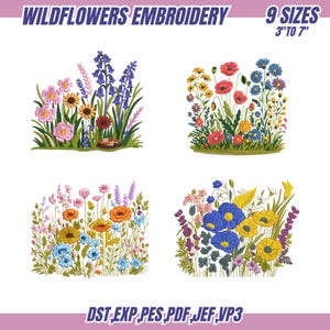 Op de afbeelding: Vier borduurontwerpen met kleurrijke wilde bloemen. De ontwerpen bevatten verschillende bloemsoorten in roze, geel, blauw en oranje tinten. De tekst bovenaan luidt "WILDFLOWERS EMBROIDERY" en "9 SIZES 3" TO 7".