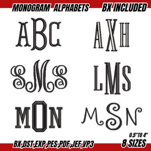Könnte beinhalten: Schwarze Monogramm-Alphabete in verschiedenen Stilen, darunter klassische, geschwungene und Blockbuchstaben. Das Bild enthält den Text "MONOGRAM ALPHABETS BX INCLUDED" und "0.5" TO 4" 8 SIZES". Die Dateiformate sind BX, DST, EXP, PES, PDF, JEF und VP3.