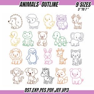 May include: A digital collection of animal outlines featuring a hedgehog, sheep, chick, owl, deer, duck, frog, bear, turtle, elephant, lion, penguin, rabbit, giraffe, cat, monkey, dog, zebra, fox, and pig. Text reads ANIMALS OUTLINE 9 SIZES 3 TO 7 INCHES.