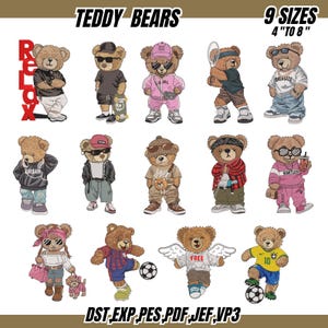 Puede incluir: Diseños bordados de osos de peluche con varios atuendos y poses. Los osos llevan gafas de sol, sombreros y ropa urbana. El texto incluye "TEDDY BEARS", "9 TAMAÑOS 10 cm A 20 cm" y formatos de archivo. Los osos están en diferentes poses, incluyendo deportes.