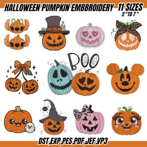 Puede incluir: Una colección de diseños de bordado de calabazas de Halloween en varios estilos. Los diseños incluyen calabazas con sombreros, lazos y caras de dibujos animados. El texto "HALLOWEEN PUMPKIN EMBBROIDERY 11 SIZES 2" TO 7"" está en la parte superior y "DST, EXP, PES, PDF, JEF, VP3" en la parte inferior.