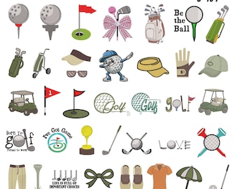 Può includere: Una collezione di 35+ ricami a tema golf in 9 misure, da 7,6 cm a 17,8 cm. I disegni includono palline da golf, bandiere, mazze da golf, sacche da golf, golf cart e testo con le parole "Be the Ball", "Born to Golf" e "I've Got Game".