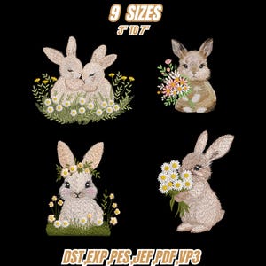 Diseño de bordado a máquina de conejito floral, 4 lindos bordados de conejito, conejito floral, bordado de conejo de primavera, bordado de animales, diseño de Pascua