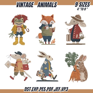 May include: Six machine embroidery designs featuring anthropomorphic animals: a frog with an umbrella, a fox reading, an elephant with a suitcase, a mouse carrying mail, a rabbit with a bag, and a rabbit holding carrots. Text reads VINTAGE ANIMALS 9 SIZES 4 TO 8 INCHES and DST EXP PES PDF JEF VP3.